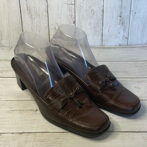 Etienne Aigner Brown Reptile Embossed Tassel Slip On Block Heel Mule